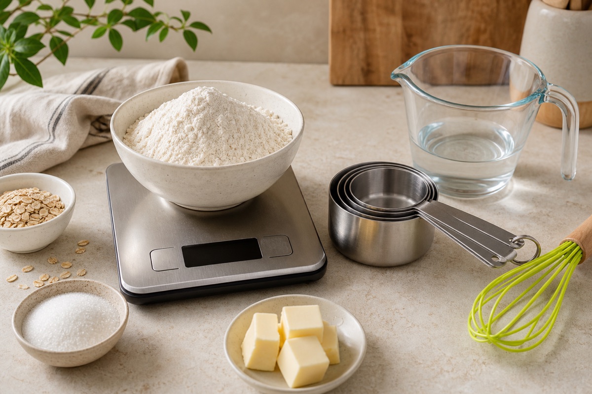 Kitchen scale and measuring cups comparing grams vs cups for baking