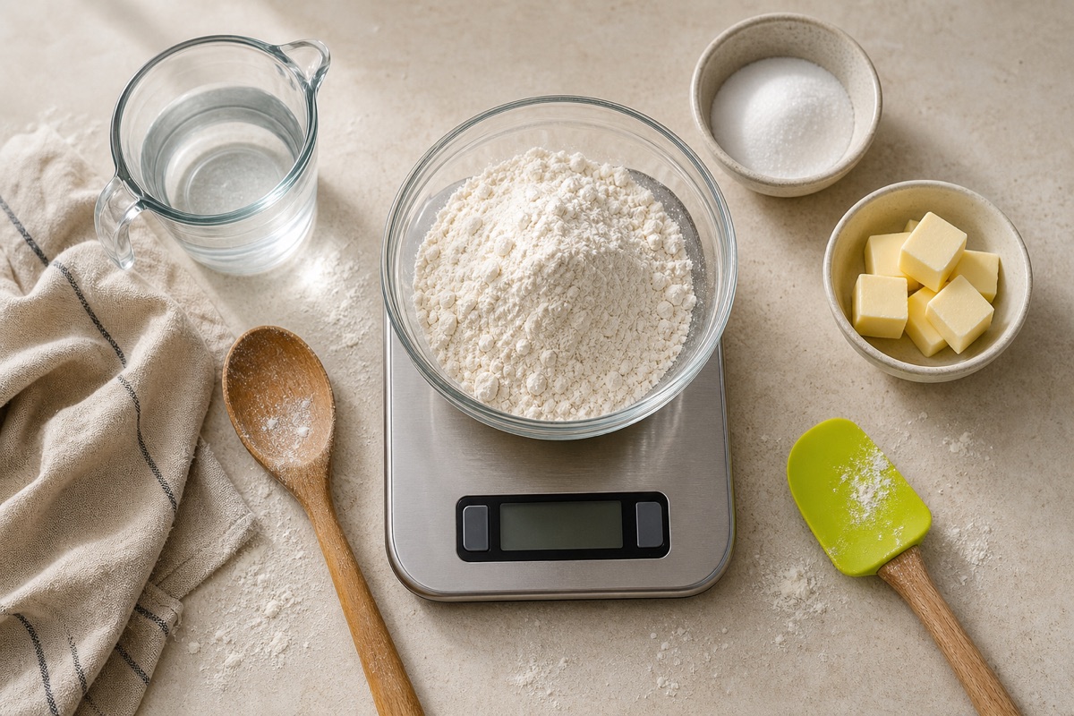 Grams to cups conversion guide with measuring cups and scale
