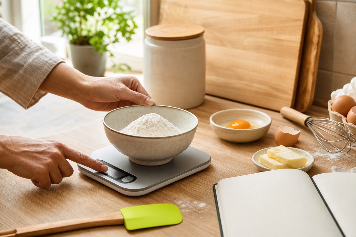 Baker using the tare button on a digital kitchen scale with flour in a bowl